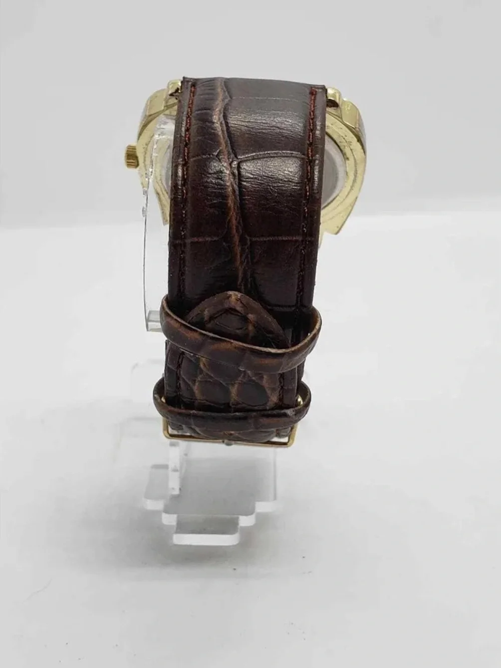 90’s Milagro Gold-Tone Black Dial Men's Watch with Brown Leather gator Strap - Picture 4 of 5